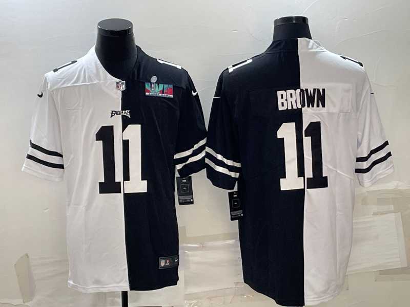 Mens Philadelphia Eagles #11 A.J. Brown Black & White Split Super Bowl LVII Patch Limited Stitched Jersey